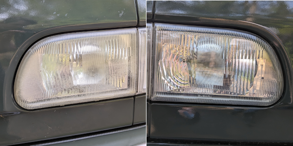 Before and after headlights were restored with polishing kit.